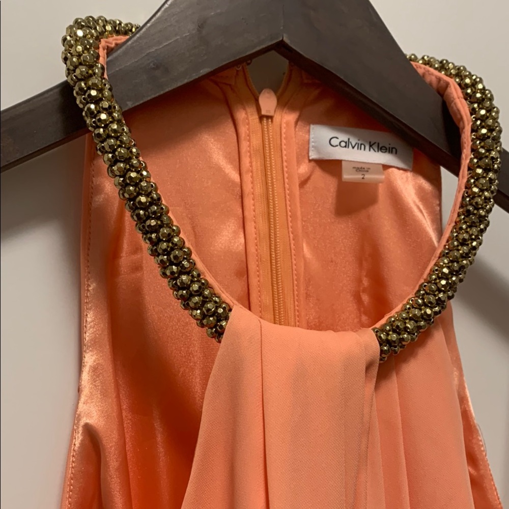 Peach Sleeveless Dress with Gold Beaded Neckline